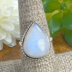 Blue Purple Rainbow Moonstone Ring Size 7 Pear New Sterling Silver 925 Overlay